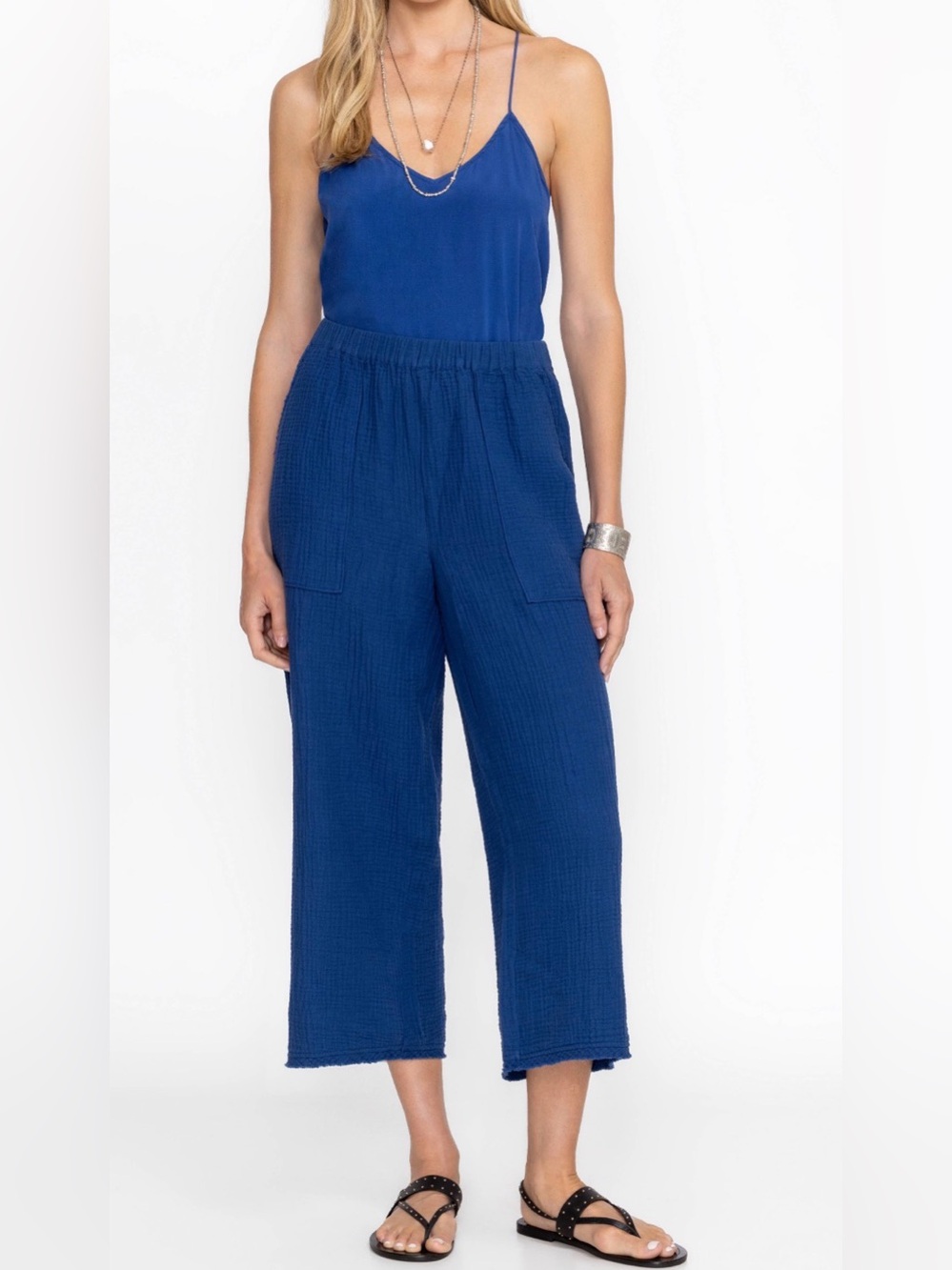 Johnny Was Calme Women's Gauze Pull-On Wide Leg Pant Blue Organic Cotton SZ S